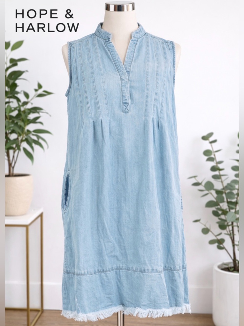 Hope & Harlow Denim Fringe Frayed Dress sleeveless Light Blue Coastal Cowgirl 2